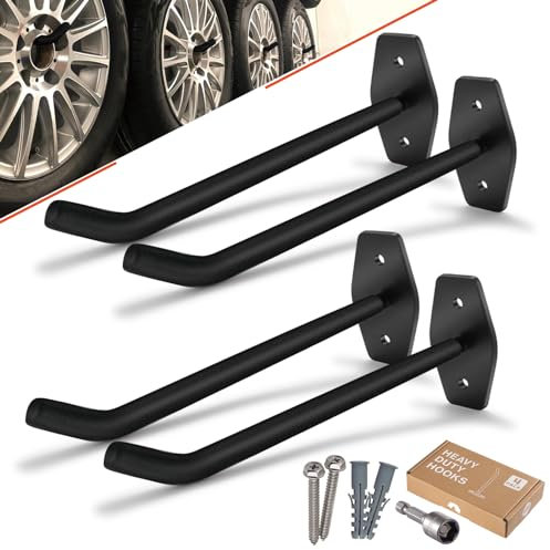 SunVFaFa Tire Rack Wall Mount, 10 Inch Large Garage Hooks Heavy Duty Storage, Ladder Hooks for Hanging, Garage Organizer for Garden Hose Holder, Folding Chairs, Power Tool, Bulk Items (88lb, 4 Pack)