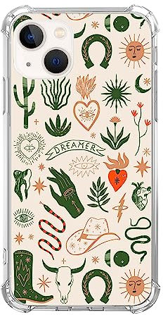 Rewput Boho Cowboy Phone Case for iPhone 14 Plus, Wild West Cactus Boots Moon Sun Pattern Cover for Women Men Girls Boys, Trendy Design TPU Bumper Cover Case for iPhone 14 Plus
