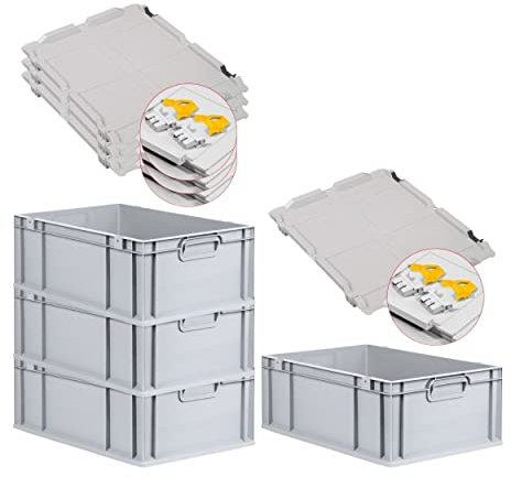 PROREGAL SuperSparSet 4x Eurobox NextGen Grip mit Scharnierdeckel und gelben Schiebeschnappverschlüssen, HxBxT 22x40x60cm, 44 L, Grau, Griffe geschlossen, Eurobehälter, Transportbox
