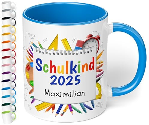 True Statements personalisierte Tasse Schulkind 2025, in Cambridge Blau, Geschenk zur Einschulung für Mädchen und Jungen, 330 ml Keramiktasse mit Notizblock, Einschulungsgeschenk 1. Klasse