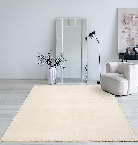 Mia´s Teppiche Taos kuscheliger Kurzflor Teppich, Anti-Rutsch Unterseite, Waschbar bis 30 Grad, Super Soft, Felloptik, Beige, 140 x 200 cm