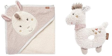 Fehn 058208 Kapuzenbadetuch Lama – Kuscheliges Handtuch mit Kapuze und Lama & 058154 Ring-Greifling Lama/Motorikspielzeug mit Rassel – Treuer Begleiter für Babys und Kleinkinder ab 0+ Monaten