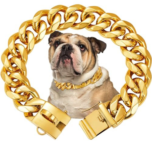 19mm Wide Gold Dog Chain Collar with Buckle,18K Gold Plated,Heavy Duty Strong Stainless Steel Metal Pet Solid Cuban Links Collars for Dogs(45cm)