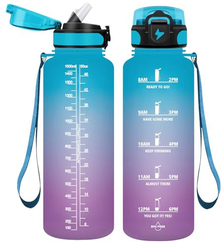 Vikaster Botella de 1.5L, sin BPA, a Prueba de Fugas, Botella de Agua de plástico, Botella con Pajita, Botella Grande para Yoga, Gimnasio, Exteriores, Viajes, Senderismo