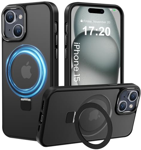PuyaTeya Handyhülle für iPhone 15 Hülle, [mit Unsichtbarem Ständer ][mit Magnetic] Kratzfeste Anti-Fingerabdruck [Transluzente Matte] Hülle für iPhone 15 6.1(Schwarz)