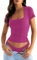 Jhsnjnr Womens Crop Top Casual Summer Slim Fit Short Sleeve T Shirt Going Out Square Neck Basic Tops Rose Red