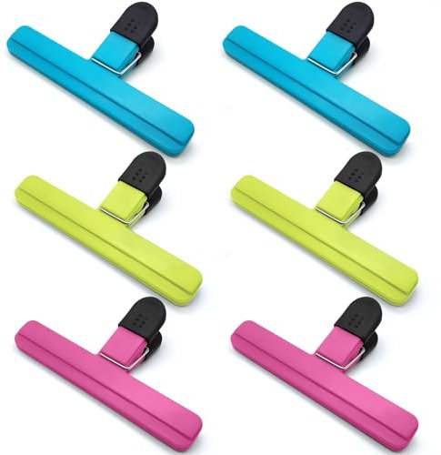 Extra Large Sturdy Food Bag Clips, 6 Pcs Chip Bag Clips Plastic Heavy Duty Air Tight Seal Grip, Freezer Bag Clip for Food Storage, Assorted Colors for Snacks Cereals Coffee Potato Bags