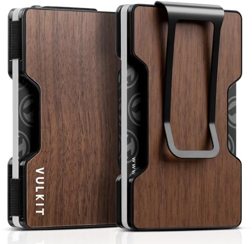 VULKIT Porte Carte Homme avec Pince à Billets Portefeuille Homme Mince RFID Anti Piratage Porte Carte Bancaire Metallique Rigide, Grain de Bois