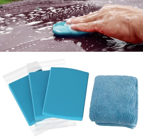 3 Stück Auto Reinigungsknete, Auto Reinigungsknete mit Handtuch (300g), Lackreinigungsknete zur Lackpflege und Felgenreinigung, Magic Car Clay Bar für Autoreinigung Felgenreinigung