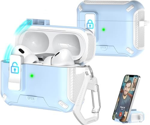 R-fun Kompatibel mit AirPods Pro 2. Generation/1. Generation Kopfhörerhüllen, vollständig sturzsicheres Auto-Eject-Schutzhüllendesign, neues Ladeanschluss-Staub- und Ständerdesign,Weiß+Blau