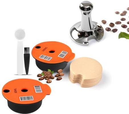 Tassimo Wiederverwendbare Kapseln mit Papierfiltern, wiederverwendbare Kaffeekapseln, 60 ml, Silikondeckel, 180 ml, kompatibel mit Bosch Tasimo Maschinen, lesbarer Barcode-Stahl-Kaffee-Tamper (1)