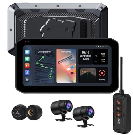 XRC Tech Dashcam für Motorrad, 2 K, Dual-Objektiv, Carplay-Bildschirm, mit WiFi, GPS-Navigation, CarPlay/Android Auto, Echtzeit-Reifendrucküberwachung, 5G Dual-Bluetooth, IP65 wasserdicht, UKW, 15,9