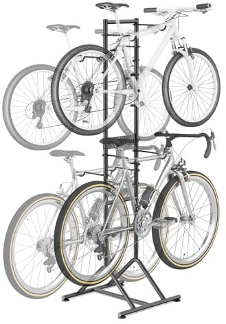 Mimoke Fahrradträger für Garage & Zuhause – bohrfrei, höhenverstellbar für verschiedene Fahrradgrößen. Abnehmbare Halter für Helme, Handschuhe und mehr. Freistehende vertikale Lagerung.