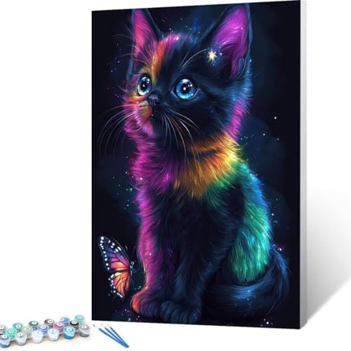 Katze Malen Nach Zahlen Erwachsene, Malen Nach Zahlen DIY Handgemalt Ölgemälde Kit für Anfänger und Erwachsene, Paint by Numbers Basteln mit Pinseln, Home Wand Dekor Geschenk 50x70cm Schmetterling L-4