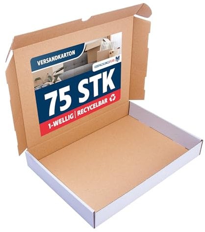 VERPACKUNGSFUXX Maxibriefkarton 350 x 250 x 50 mm weiß | 75 Stück DIN A4 Versandkarton für Warensendungen | Verpackungsmaterial 35x25x5 cm BüWa Karton DHL geeignet