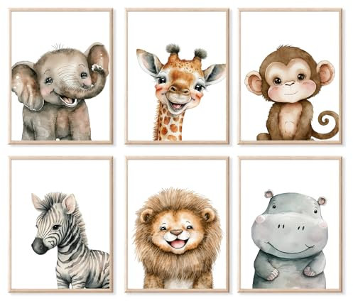 JINZUNRUI Bilder Kinderzimmer Deko, 6er Set DIN A4 Kinderzimmer Poster Tiere Wandbilder Poster Set, Bilder Babyzimmer Wanddeko Mädchen und Jungen Babyzimmer Deko - ohne Bilderrahmen