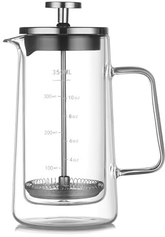 Pasdrucn 350ml/650ml/1L Kaffeekanne Glas, Doppellagig Glas French Press Klein, Kaffeebereiter French Press, Kaffeekanne Mit Filter, Kaffeepressen, Tee Und Kaffeezubereiter Klein (0.35L)