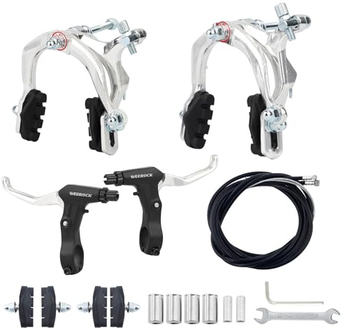 WEEROCK Bike Caliper Brake Set, Front and Rear C Brake Set, Rim Brake Set with Aluminium Alloy Brake levers, with Cables and Brake Pads for Kids Bike, BMX,MTB, Beach Bike, Commuter Bike (Silver)