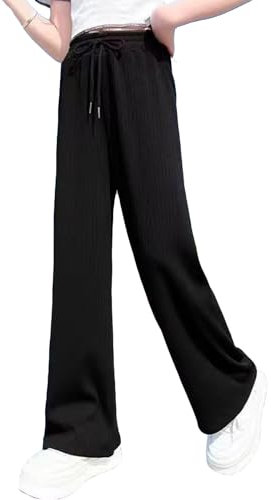Pantalon Fluide Enfant Fille été Leger Soie Glacée Pantalon Jambe Large Ado Fille été Taille élastique Ample a La Mode Confortable Pas Cher Casual Vacances 3-14 Ans (Black, 11-12 Years)