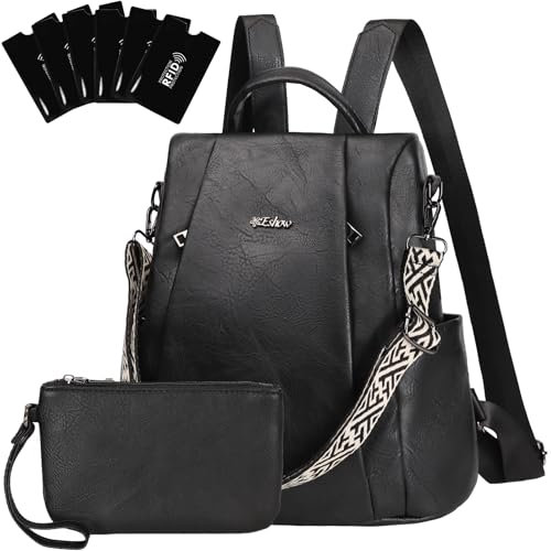 Eshow Rucksack Damen Klein, Anti-Diebstahl Elegant Cityrucksack, Wasserdichter Tagesrucksack Veganes Leder, Rucksacktasche mit Clutchbag RFID Blocker Modern für Pendeln Schule Arbeit Reise Schwarz