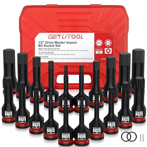 GETLITOOL 1/2 Kraft Sechskant un Torx Bit Schlagschrauber Nüsse, 20tlg S2-Stahl Bit Einsatz Satz HX 5mm - 19mm, T25 - T80, Länge 78 mm Stecknuss Steckschlüssel Set für Hex TX Schrauben
