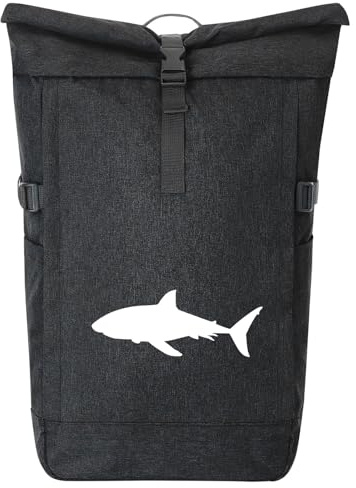 Huuraa Kurierrucksack Hai Silhouette Geschenk | 30-44 Liter Backpack Black Melange Fairtrade Rolltop Rucksack Geschenkidee Schwarzer Laptop-Rucksack passend für 17-Zoll