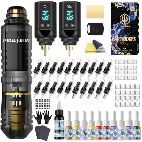 POSEIDON Wireless Tattoo Machine Kit with 20 Tattoo Cartridge Needles, Ink Set & 2 Rechargeable Batteries | Professional Portable Tattoo Pen Gun Set for Beginners | Complete Starter Supplies(PTK052)