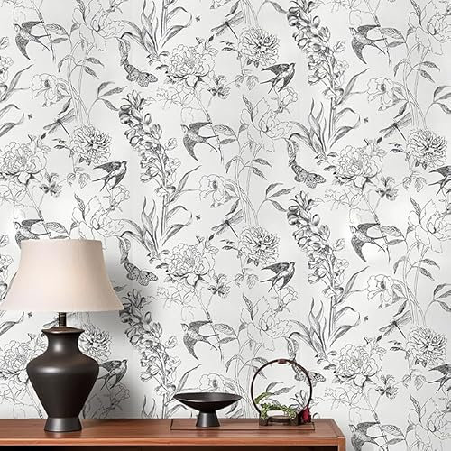 Snewvie Black and White Wallpaper,950 x 53cm Flowers and Birds Wallpaper Non-Woven Woodland Wall Paper Vintage Black Floral Leaf Plants Wall Paper for Bedroom Living Room Restaurant Cafe