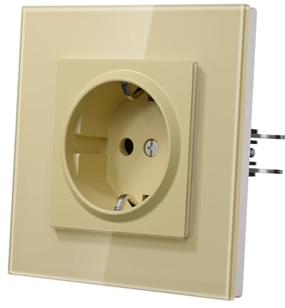 MVAVA Prise Schuko encastrée standard UE - 1 compartiment avec cadre en verre - 86 mm x 86 mm - Installation facile - Doré