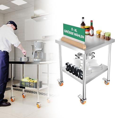 QEENTOE 85x 61 x 60cm Doppelschicht Edelstahltisch 4 Räder Edelstahl Arbeitstisch Küche Höhenverstellbar Mobile Werkbank Grillwagen BIS 300KG Für Campingparty Restaurant Schule (L-Größe)