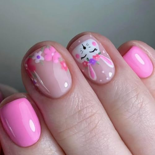 24 Stück Oster-Nägel, Kunst-Maniküre, kurz, quadratisch, falsch mit Hasen und bunten Blumen-Designs, Zubehör, niedliche Nageldesigns