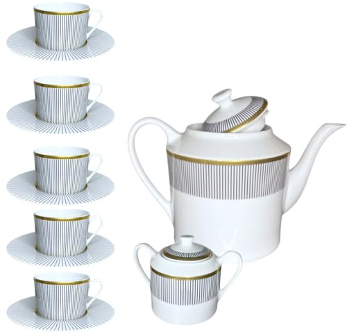 Knochenporzellan Teeservice 14-teilig für 6 Personen – Teekanne, Tassen & Untertassen, Zuckerbox mit Handverziertem Goldrand – Schwarzes Streifendesign – Bone China – Geschenkidee