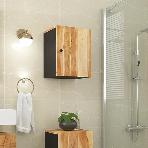 Bucmath Bad-Wandschrank 38x33x48 cm, Massivholz Akazie, Hängeschrank mit 2 Fächern, Badezimmerschrank für Wandmontage, robust & langlebig