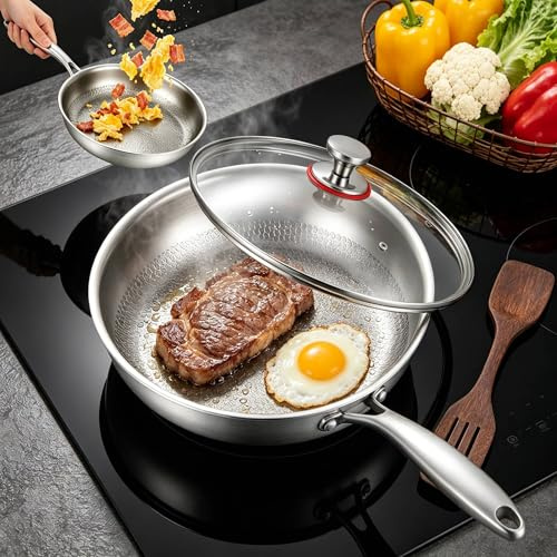 BugyKido Pfanne 26 cm Antihaft Wabenpfanne mit Deckel & Holzpfannenwender, Titan-Pfanne Edelstahl-Induktionsboden, für alle Herdarten geeignet, ofen- und spülmaschinenfest, PFOA frei für das Frühstück