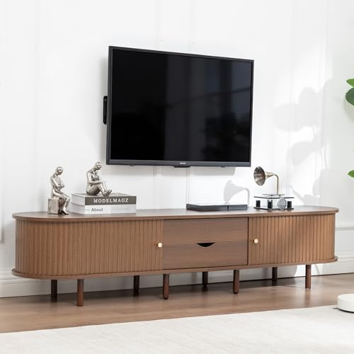 Thanaddo TV-Schrank TV Lowboard mit 2 Schiebetüren und 2 Schublade für Fernseher bis zu 80 Zoll, TV Tisch Ständer Fernsehschrank mit Ovale Tischplatte für Wohnzimmer Esszimmer, 180cm lang, Nussbaum