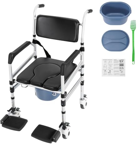 Chaise de douche à roulettes pliable et réglable en hauteur en aluminium avec siège en forme de U et insert WC pour personnes âgées, femmes enceintes, hôpitaux, maison de retraite, salle de bain