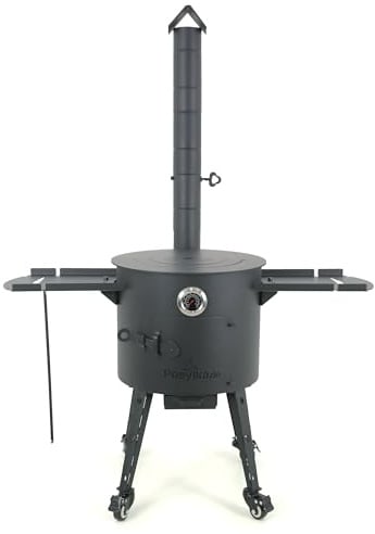 Feuerofen Utschak Ø 40 cm für Kasan Wok 12 L mit Abzugsrohr, Thermometer | Учаг Outdoorküche Feuerschale & Gulaschkanone | Usbekische Kochstelle Plov Grill (Adapter-Ring Rund)