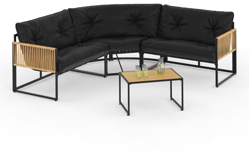 IDMarket - Niedrige Gartengarnitur Rio 6-Sitzer Eckgarnitur Metallgestell und Seil Rattan-Effekt mit schwarzem Kissen