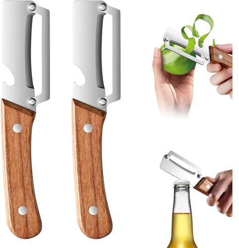 2 Stück Multifunktionaler Küchen Schäler mit Holzgriff Gemüseschäler und Flaschenöffner für Obst Gemüse und Picknick Langlebiges Schälwerkzeug