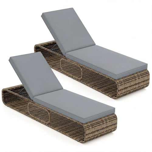 COSTWAY 2er Set Sonnenliege Rattan, Gartenliege mit Auflage und Verstellbarer Rückenlehne, wetterfeste Balkonliege, Terrassenliege bis 180 kg belastbar, Liegestuhl für Garten, Terrasse, Balkon (Grau)