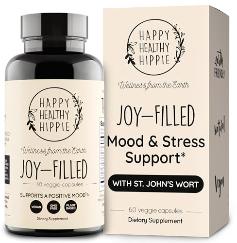 Joy-Filled Mood Support Supplement - 7 Herb Complex + St. Johns Wort | Stress Relief – Helps Calm The Mind & Body | 100% Plant-Based Happy Pills, Ashwagandha, Rhodiola Rosea | Adaptogens, 60 Ct