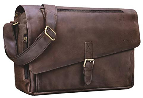 STILORD Merlin Vintage Leder Umhängetasche Damen Herren Klassische Aktentasche für Arbeit Büro große Unitasche mit 15.6 Zoll Laptopfach echtes Leder Farbe:matt - Dunkelbraun