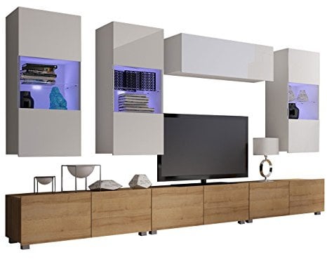 Moderne Wohnwand Calabrini XI, Anbauwand, Hängevitrine, TV Lowboard, Wandregal, Mediawand, Wohnzimmerschrank, Fernsehschrank (mit weißer LED Beleuchtung, Eiche Gold/Weiß + Weiß Hochglanz)