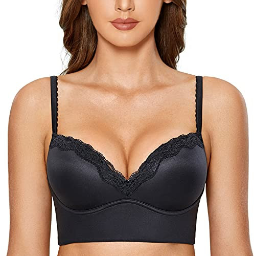 DOBREVA Donna Reggiseno Senza Ferretto Push Up Pizzo Jacquard Coppa Preformata con Schiena Liscia Nero 6D