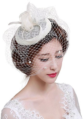 FakeFace Fascinator Hüte 20er 50er Jahre Hut Haar Clip Accessoire Haarreif Kopfbedeckung mit Schleier Cocktail Tea Party Hochzeit Kirche Haarschmuck Kopfschmuck, M, Weiß