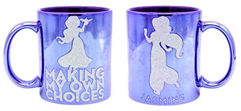 Disney Princess Jasmine Tasse Metallic MAKING MY OWN CHOICES lila, Glitterdruck, Metallicglanz, 100% Keramik, ca. 320 ml., Geschenkbox.