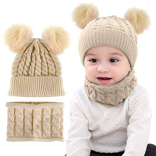 CheChury Warme Winter Mütze Schal Kinder Sets Baby Mädchen Beanie Hut Jungen Strickmütze mit Bommel Babymütze Schlupfmütze für 0-3 Jahre Kinder-B-Beige-One Size
