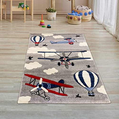 Kinderteppich Flugzeuge Lernteppich Heißluftballon in grau blau Creme Größe 80x150 cm