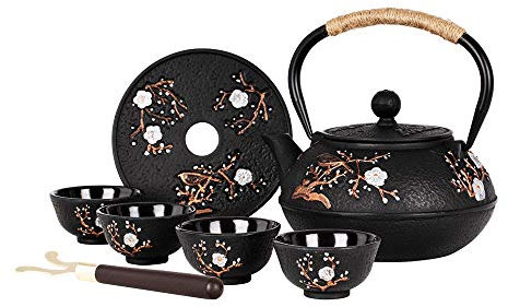 Teiera in Ghisa Stile Giapponese Con 4 Tazze, Sottopentola Tetsubin, Bollitore Con Infusore, Set da Tè Cinese per Adulti, in Ferro Nero (Motivo Gazza e Prugna)