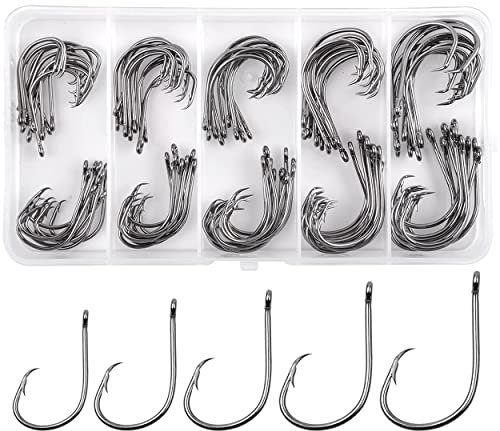 Circle Hooks Saltwater Fishing Hooks Kit High Carbon Steel Inline Straight Eye Circle Hook Chemically Sharpened Barbed Point Octopus Hook (100PCS/BOX)